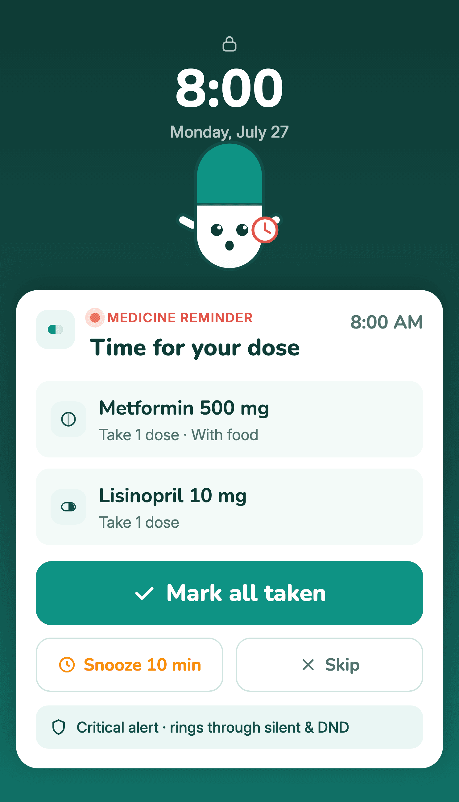 Medicose pill alarm ringing full screen on a locked phone, with mark as taken and snooze
