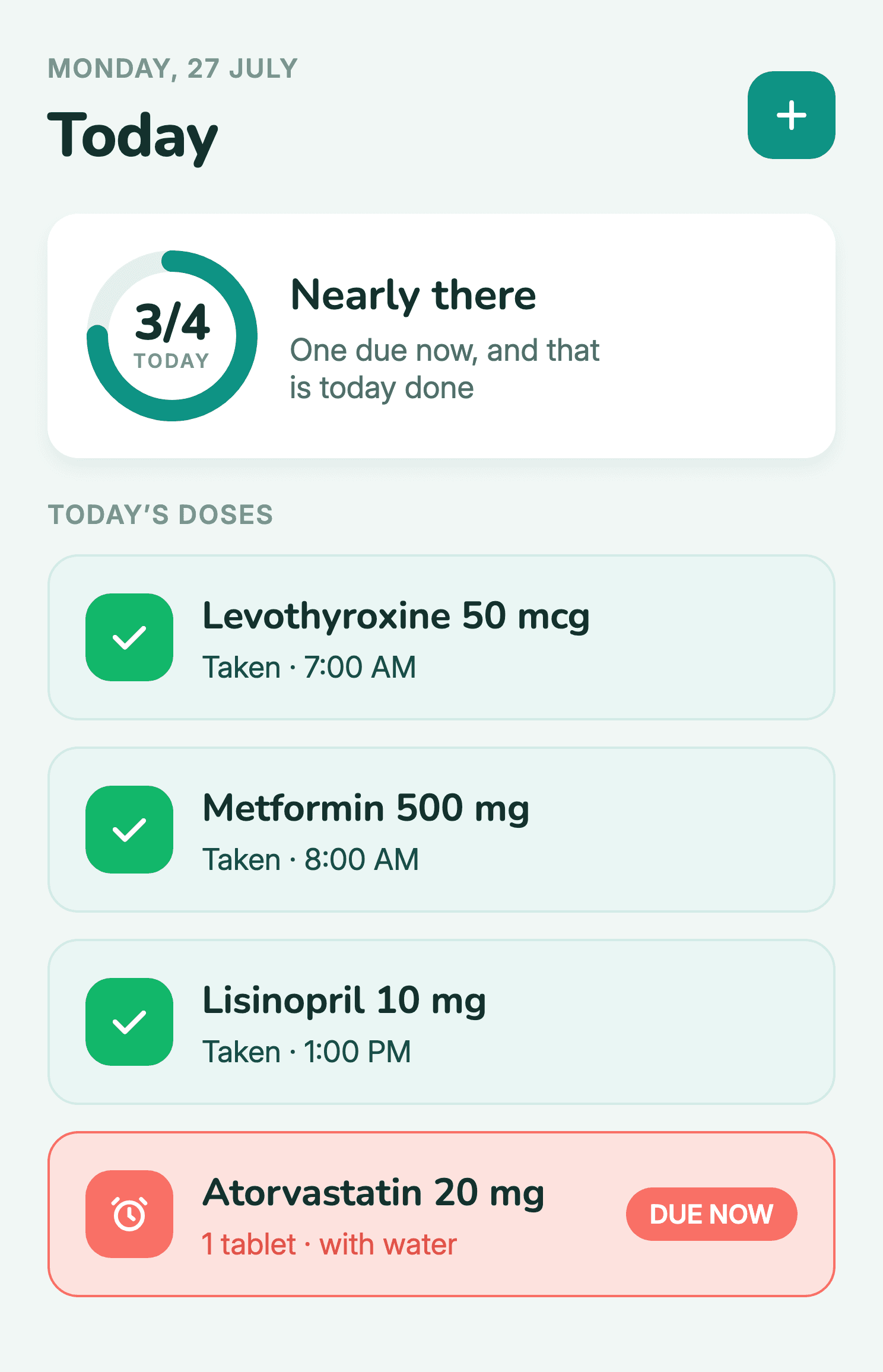 Medicose medication tracker app showing today's doses and the next dose due